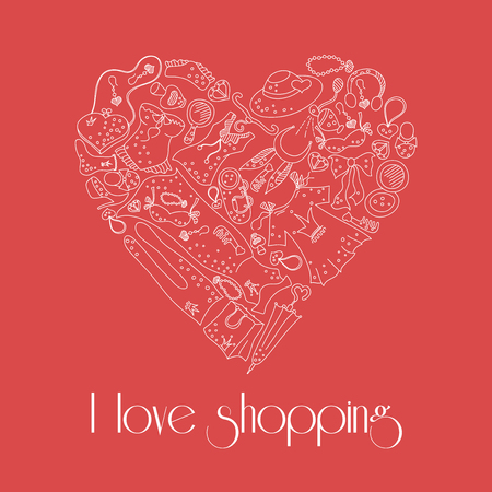 I love shopping, heart from stylish hand drawn composition of women related fashion items, shopping madnessのイラスト素材