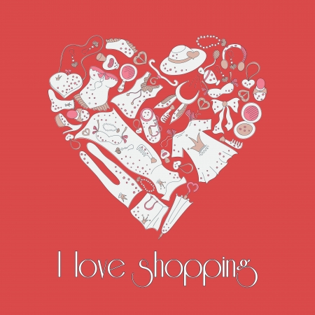 Heart shape made of different female, I love Shoppingのイラスト素材