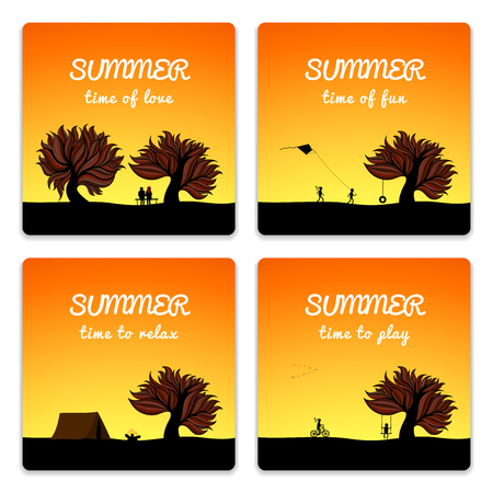 Poster set summer landscape style, family,love, fun, recreation theme, vector background illustrationのイラスト素材