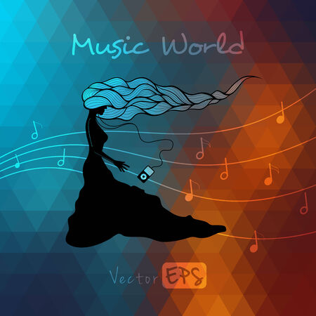 Vector poster, i love music, pixel art gray and blue background, girl with playerのイラスト素材