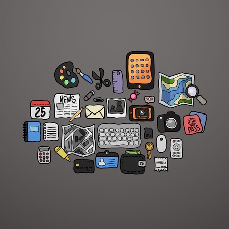 Color doodle icons set personal items, vector illustrationのイラスト素材