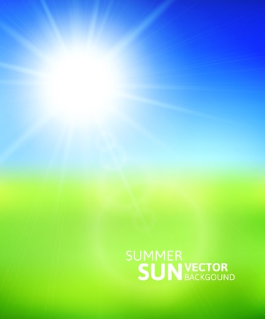 Blurry green field and blue sky with summer sun burst, vector background illustrationのイラスト素材