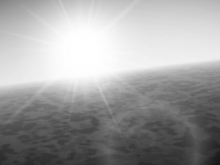 Sunset at sea, horizon with summer sun, ocean and clear sky, black and white vector background illustrationのイラスト素材