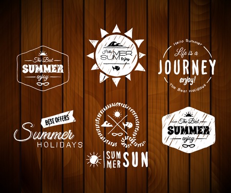 Vintage summer holidays typography design in doodle sketch style isolated on wood board textureのイラスト素材