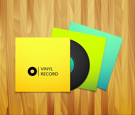 Black vintage vinyl record with blank yellow blue cyan and green cover case isolated on brown wood texture backgroundのイラスト素材