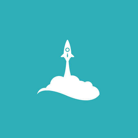 White rocket and cloud, icon in flat style isolated on blue background, vector illustrationのイラスト素材