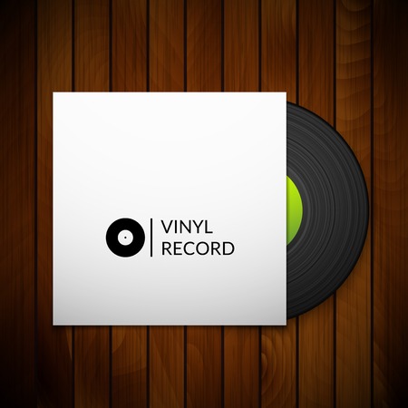 Black vintage vinyl record with blank cover case isolated on red wood texture backgroundのイラスト素材