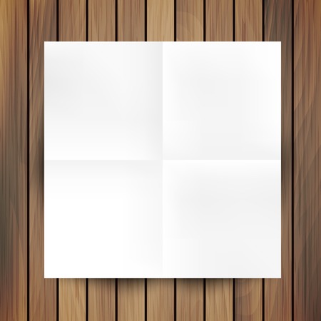 White folded paper mockup card isolated on wood background, vector illustrationのイラスト素材