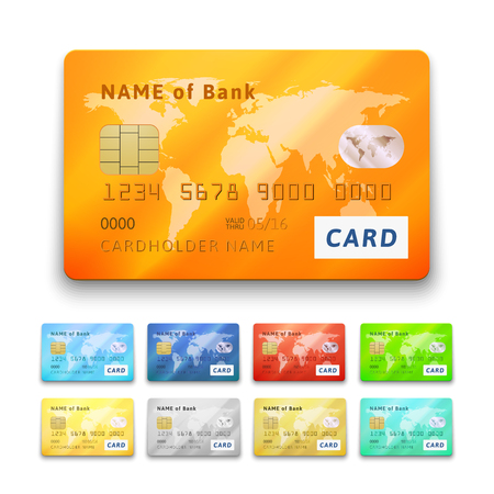 Set of detailed glossy credit cards, blue cyan red orange green yellow gold gray silver color, vector realistic icons isolated on white backgroundのイラスト素材
