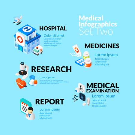 Medical healthcare infographic set with isometric flat icons, included hospital medicines research medical examination report concept, vector illustration backgroundのイラスト素材