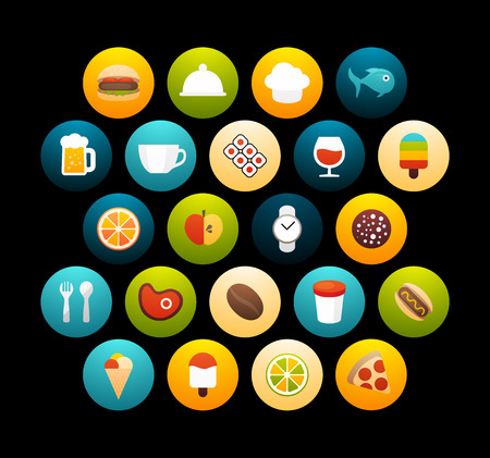 Flat icons set 6 - food and drink collection, for phone watch or tablet, isolated on black backgroundのイラスト素材