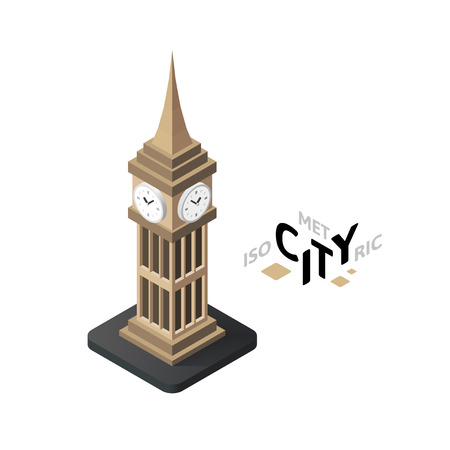 Isometric big ben flat icon isolated on white background, building city infographic element, digital low poly graphic, vector illustrationのイラスト素材
