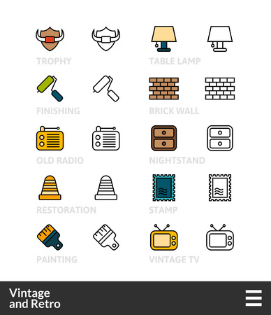 Black and color outline icons, slim line pictograms vector set 50 - Vintage and retro symbol collectionのイラスト素材