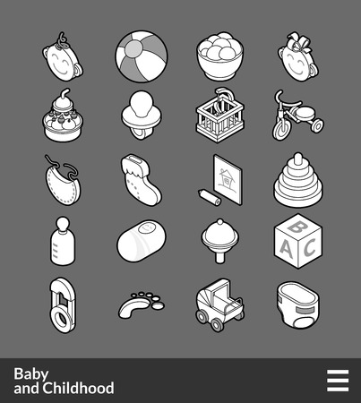 Isometric outline icons, 3D pictograms vector set - Baby and childhood symbol collectionのイラスト素材