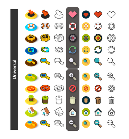 Set of icons in different style - isometric flat and otline, colored and black versions, vector symbols - Universal collectionのイラスト素材
