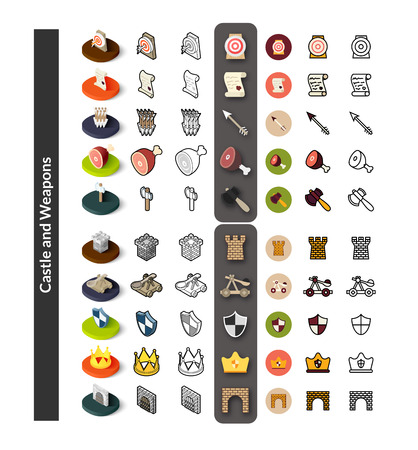 Set of icons in different style - isometric flat and otline, colored and black versions, vector symbols - Castle and weapons collectionのイラスト素材