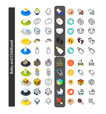 Set of icons in different style - isometric flat and otline, colored and black versions, vector symbols - Baby and childhood collectionのイラスト素材