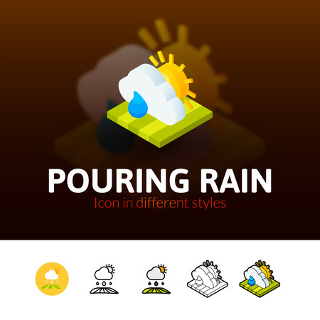 Pouring rain color icon, vector symbol in flat, outline and isometric style isolated on blur backgroundのイラスト素材