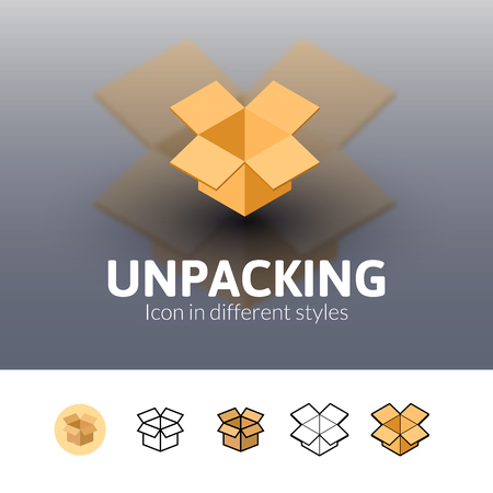 Unpacking color icon, vector symbol in flat, outline and isometric style isolated on blur backgroundのイラスト素材