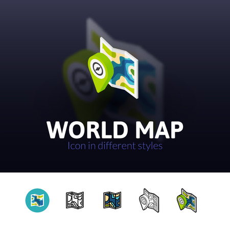 World map color icon, vector symbol in flat, outline and isometric style isolated on blur backgroundのイラスト素材
