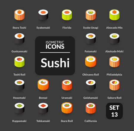 Color icons set in flat isometric illustration style, symbols - Sushi collectionのイラスト素材