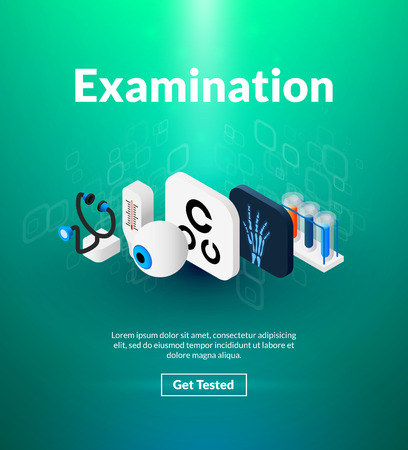 Examination poster with an eye, x-ray, testtubes and stethoscopeのイラスト素材