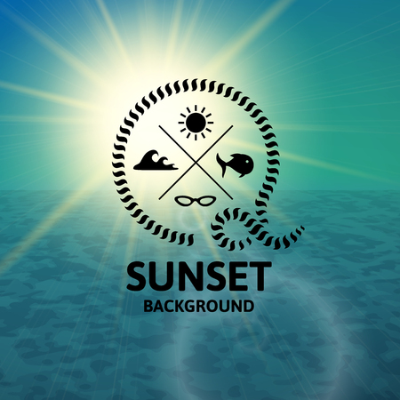 Green sunset with turquoise water sea surfaceのイラスト素材