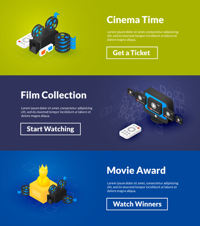 Cinema time film collection and movie award banners of isometric color designのイラスト素材