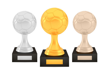 Winner football awards set, gold silver bronze trophy cups on stands with empty platesのイラスト素材