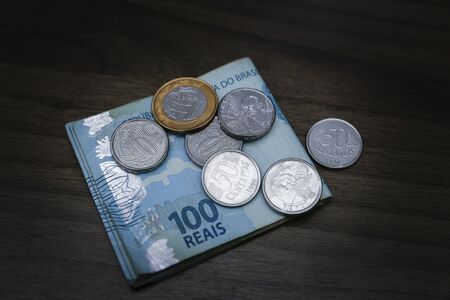 Money from Brazil, notes of Real, Brazil BRL banknote, Brazilian currency, economy and business.