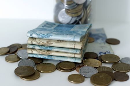 Hands holding Brazilian real notes, money from Brazil, notes of Real, Brazil BRL banknote, Brazilian...