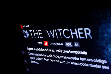 Oliveira, MG / Brazil - 2020-05-12: television screen with detail from The Witcher presented in...