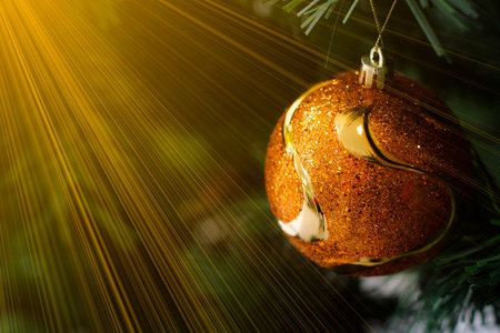 Close up of christmas tree and festive details. Concept of New Year and family festivitieの写真素材