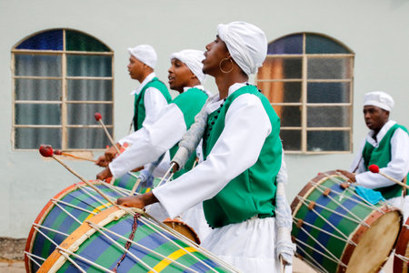 Oliveira, Minas Gerais, Brazil - August 8, 2018: congado - participants, musicians and dancers participating in guarding the rosary festivalのeditorial素材