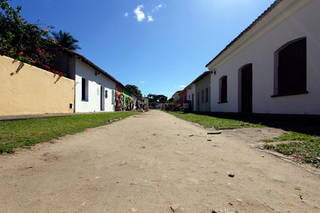 Porto Seguro, Bahia, Brazil - July 18, 2021: houses and characteristic architecture in the historic center (Upper City) of Porto Seguro, Bahiaのeditorial素材