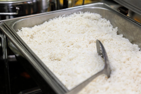 white rice cooker ready to eatの写真素材