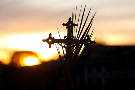 Holy Week. Processional cross and branches in beautiful sunset scenery. Traditional Catholic...