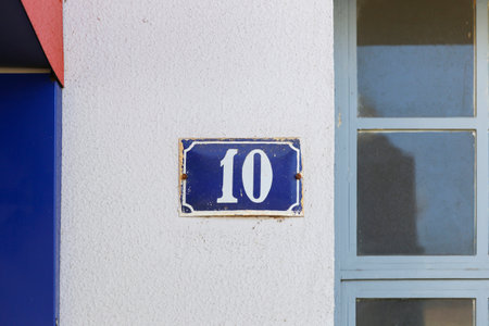 number ten in metallic plate format, with copy space and blue and white color - 10の写真素材