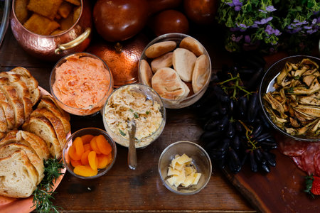 buffet served with various savory foods at a party - snacks board - selective focusの写真素材