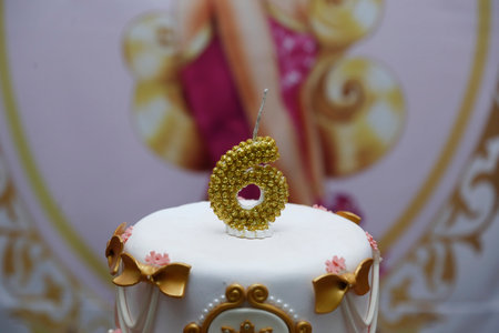 detail of the number six on the top of the birthday cake, 6th birthday, white cake, 6 year old...