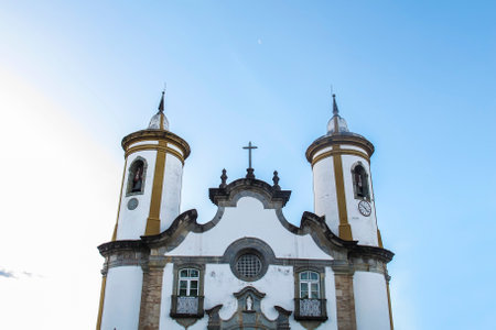 Oliveira, Minas Gerais, Brazil - February 24, 2023: facade and detail of the church tower our lady of Oliveira, in the city of Oliveira, Minas Geraisのeditorial素材