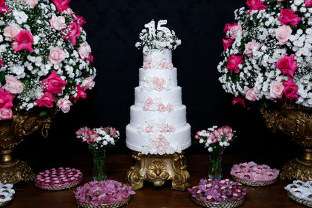 White party cake, 15th birthday, with white number fifteen, white cake, 15 year old birthday cakeの写真素材