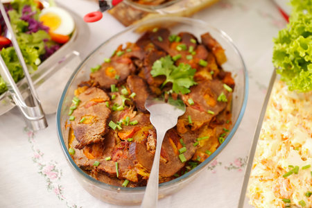sliced and stuffed meat tray ready to eatの写真素材