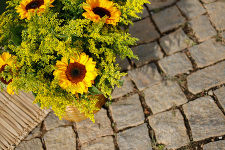 detail of beautiful festive arrangement with yellow sunflower flowerの写真素材