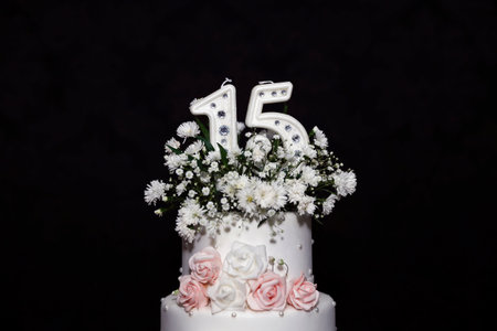 White party cake, 15th birthday, with white number fifteen, white cake, 15 year old birthday cakeの写真素材