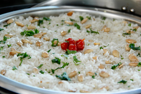 dish of white rice with chestnuts and pepper ready to eatの写真素材
