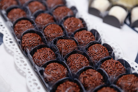 Table with colorful assorted brigadeiros, traditional Brazilian sweets, perfect for parties, events, and celebrations, showcasing creamy texture and shiny sprinklesの写真素材