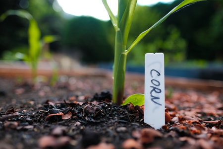 Close up of a growing corn plant with an accompanying label in an urban vegetable garden. Home organic farming.の写真素材