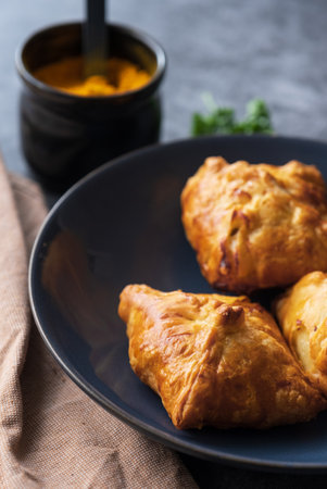 Close up of traditional Kazakh and Central Asian cuisine concept. Samsa or samosa or Sambousak on a plate. Samsa or Samosa is an oriental meal to be stuffed with minced meat, cheese or vegetables.の写真素材