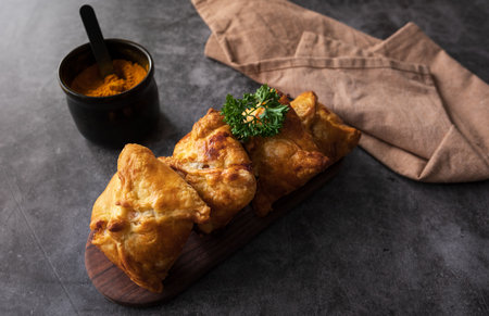Close up of traditional Kazakh and Central Asian cuisine concept. Samsa or samosa or Sambousak on a...